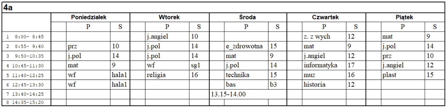 Plan lekcji - 4a  2025/2026
