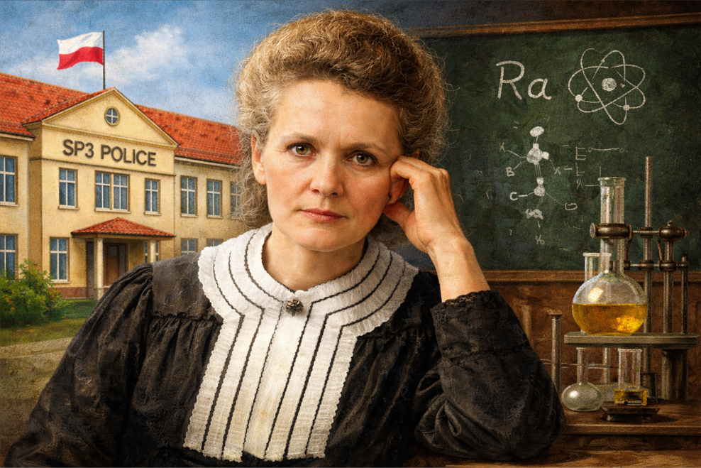 Maria Skłodowska-Curie na tle SP 3 Police po prawej i tablicy ze sprzętem chemicznym po prawej