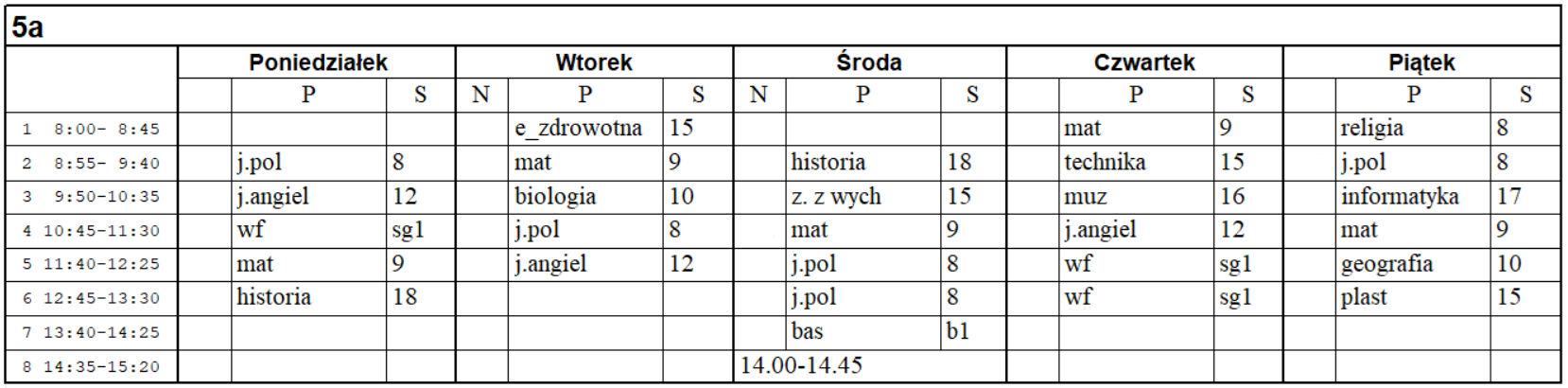 Plan lekcji - 5a  2025/2026