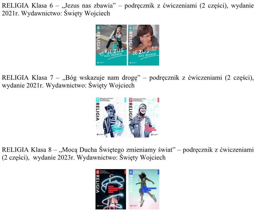 spis podręczników do religii klasa VI-VIII