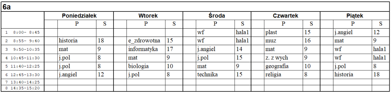 Plan lekcji - 6a  2025/2026